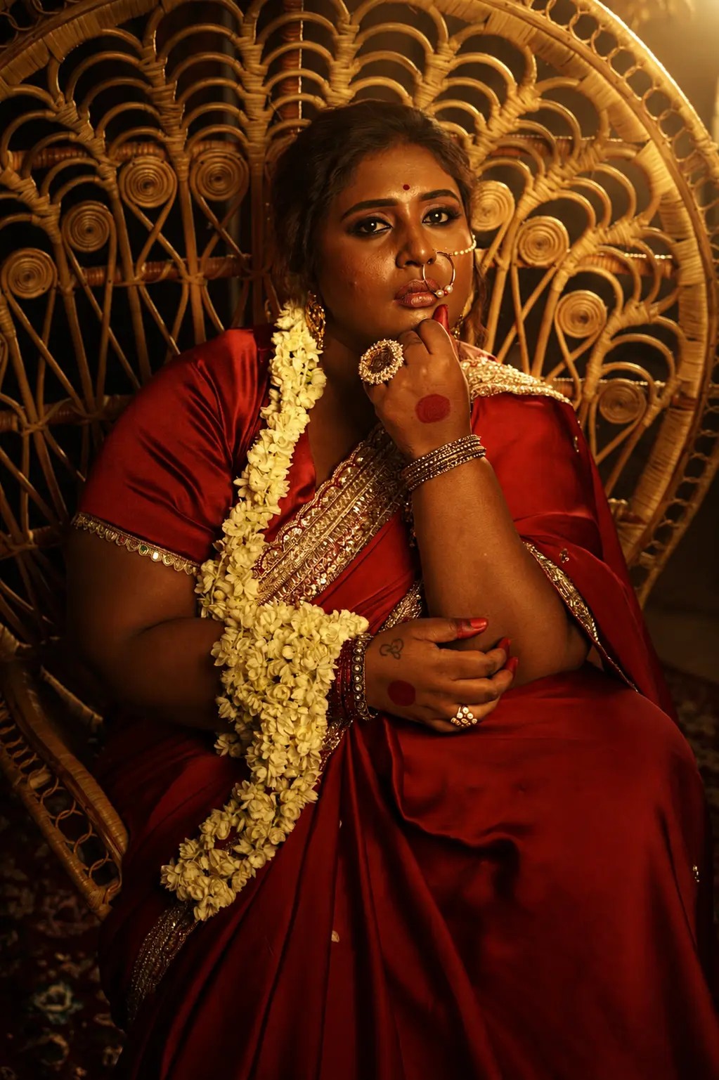 Dr. Ashvini Sundararaju in red on a peacock throne setting