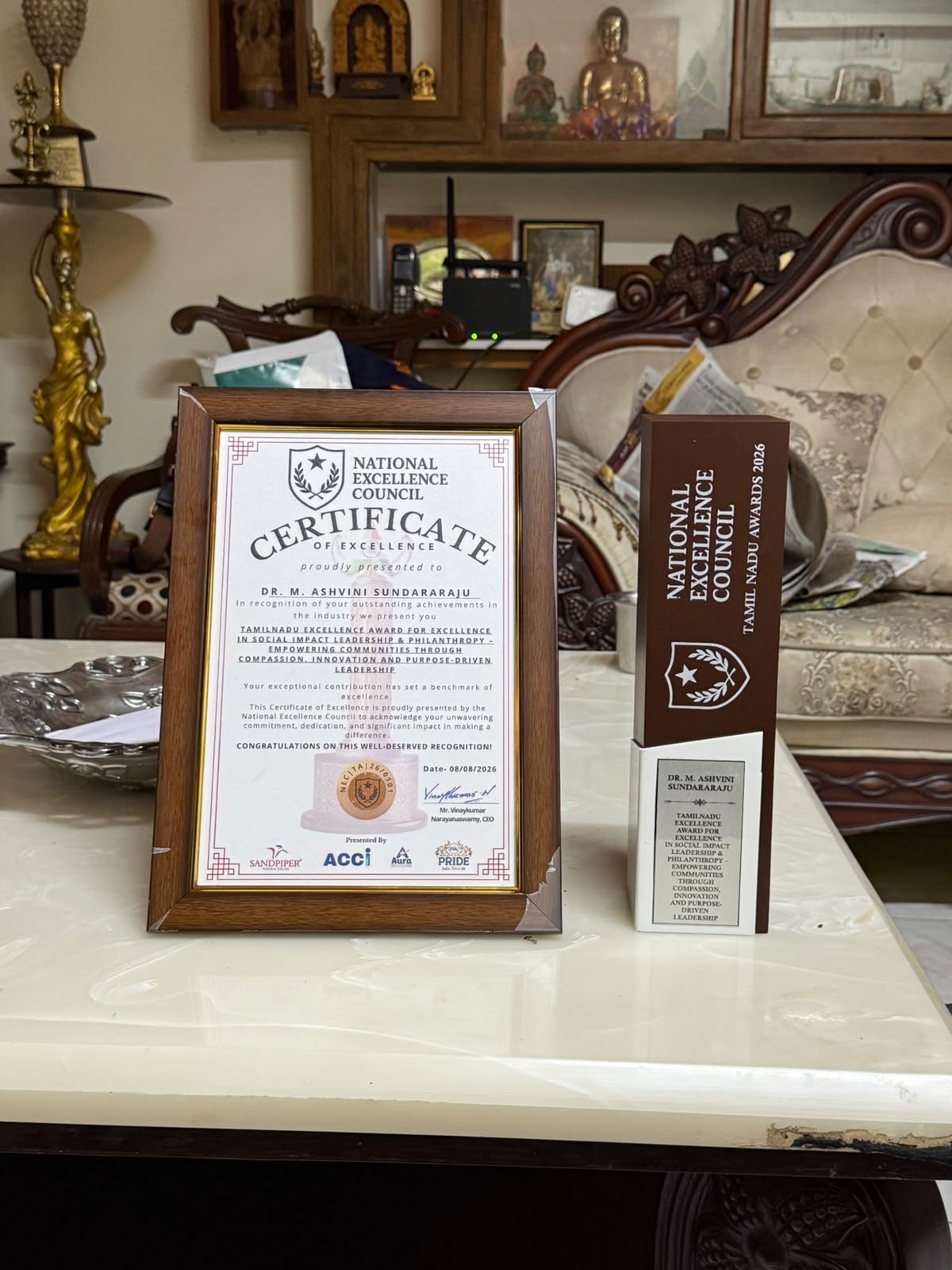 Close-up of the Tamil Nadu Excellence Award certificate and trophy