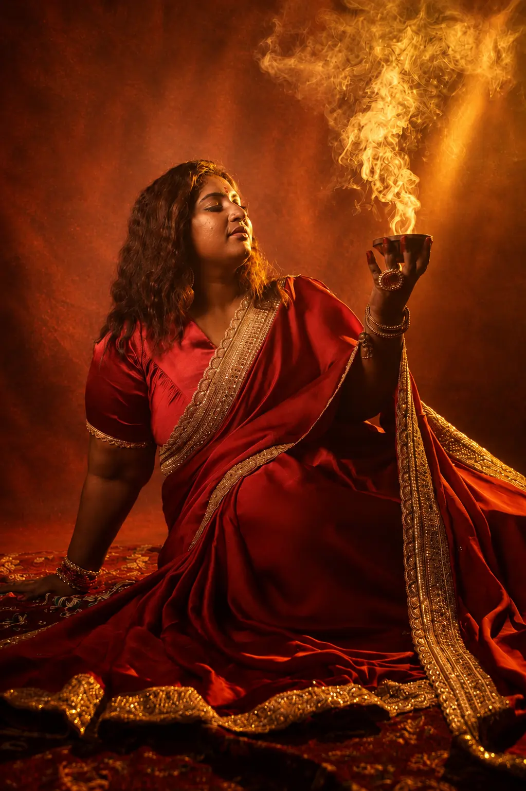Dr. Ashvini Sundararaju holding a lit diya in a red saree