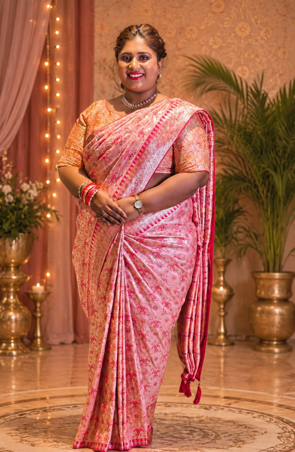 Dr. Ashvini Sundararaju in pink silk indoors with fairy lights behind her